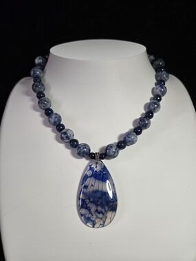 Blue Spot Japer And Lapis Lazuli Necklace with Blue Agate Teardrop Pendant